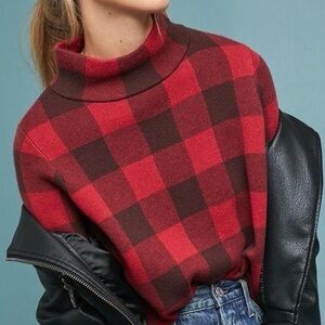 Anthropologie Field Flower Buffalo Plaid Wool Blend Mockneck Red Black Small